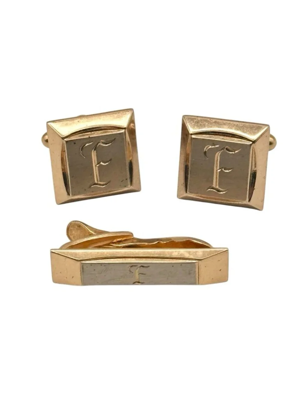 Vintage Monogram Initial F Cufflinks and Tie Clip Set Hickok USA Gold Tone